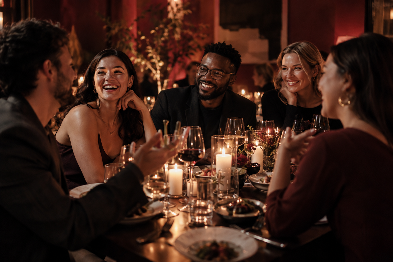 An imagined candlelit dinner gathering